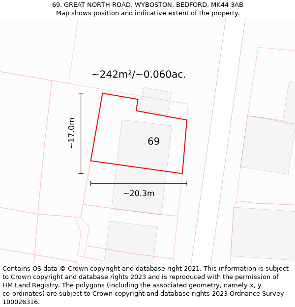 69, GREAT NORTH ROAD, WYBOSTON, BEDFORD, MK44 3AB: Plot and title map