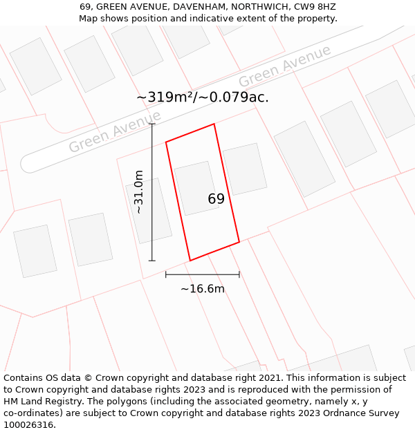 69, GREEN AVENUE, DAVENHAM, NORTHWICH, CW9 8HZ: Plot and title map