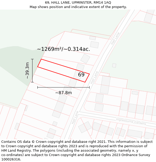 69, HALL LANE, UPMINSTER, RM14 1AQ: Plot and title map