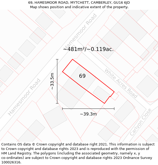 69, HAMESMOOR ROAD, MYTCHETT, CAMBERLEY, GU16 6JD: Plot and title map