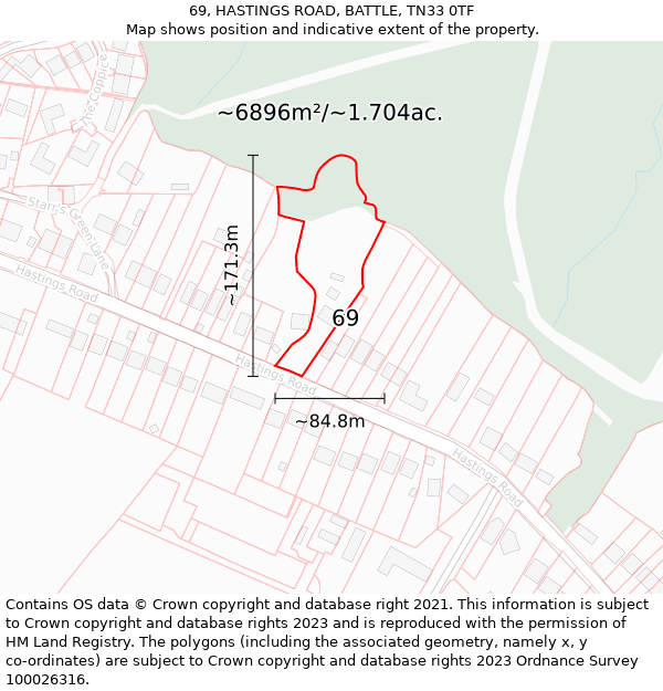 69, HASTINGS ROAD, BATTLE, TN33 0TF: Plot and title map