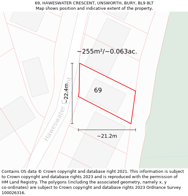 69, HAWESWATER CRESCENT, UNSWORTH, BURY, BL9 8LT: Plot and title map