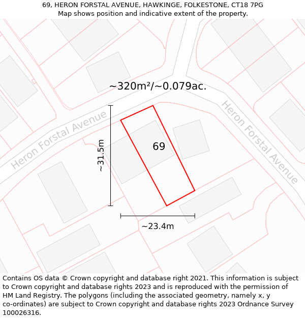 69, HERON FORSTAL AVENUE, HAWKINGE, FOLKESTONE, CT18 7PG: Plot and title map