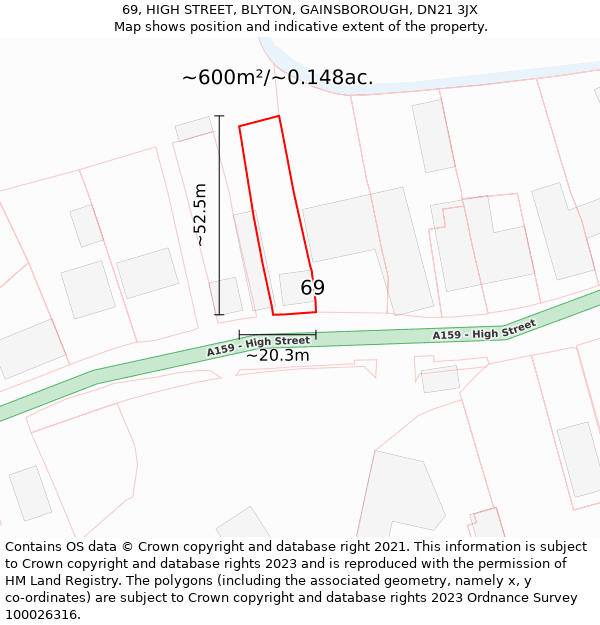 69, HIGH STREET, BLYTON, GAINSBOROUGH, DN21 3JX: Plot and title map