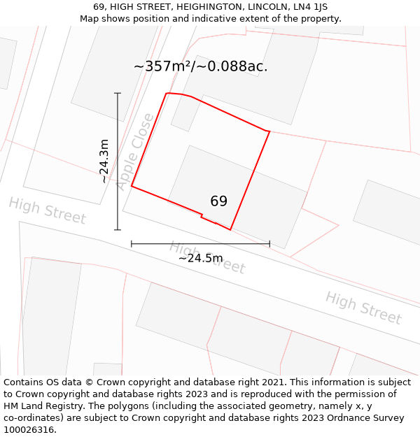 69, HIGH STREET, HEIGHINGTON, LINCOLN, LN4 1JS: Plot and title map