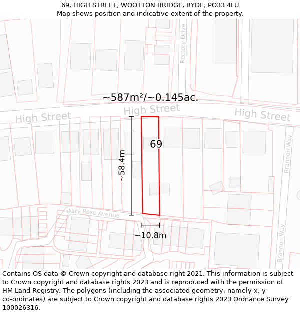 69, HIGH STREET, WOOTTON BRIDGE, RYDE, PO33 4LU: Plot and title map