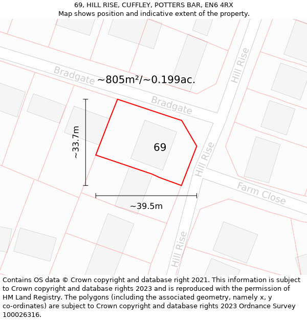 69, HILL RISE, CUFFLEY, POTTERS BAR, EN6 4RX: Plot and title map