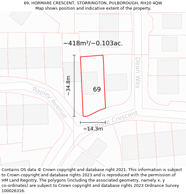 69, HORMARE CRESCENT, STORRINGTON, PULBOROUGH, RH20 4QW: Plot and title map