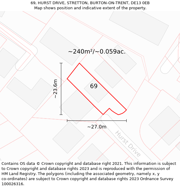 69, HURST DRIVE, STRETTON, BURTON-ON-TRENT, DE13 0EB: Plot and title map