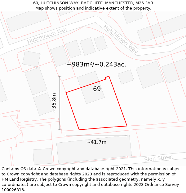 69, HUTCHINSON WAY, RADCLIFFE, MANCHESTER, M26 3AB: Plot and title map