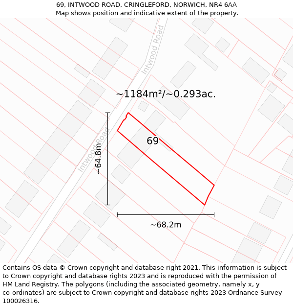 69, INTWOOD ROAD, CRINGLEFORD, NORWICH, NR4 6AA: Plot and title map