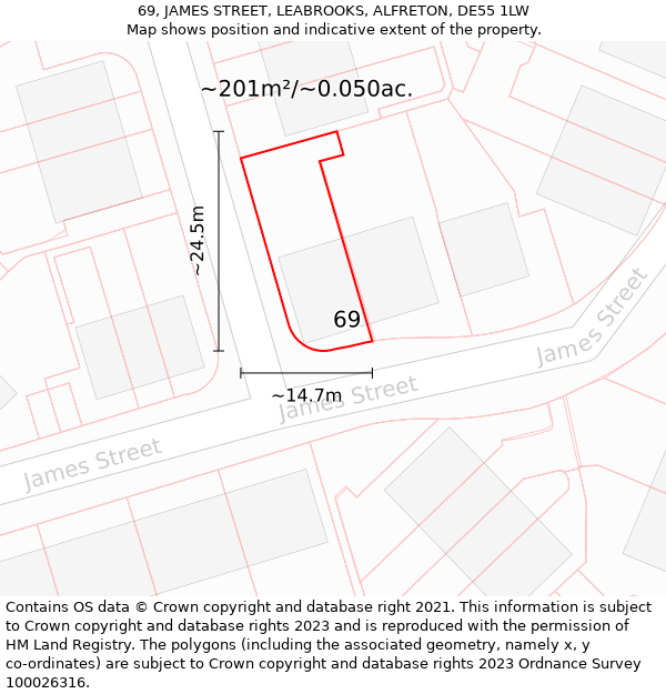 69, JAMES STREET, LEABROOKS, ALFRETON, DE55 1LW: Plot and title map