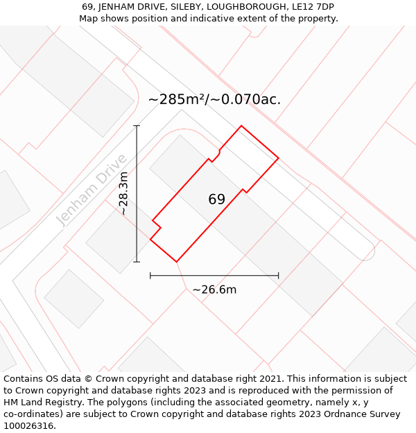 69, JENHAM DRIVE, SILEBY, LOUGHBOROUGH, LE12 7DP: Plot and title map