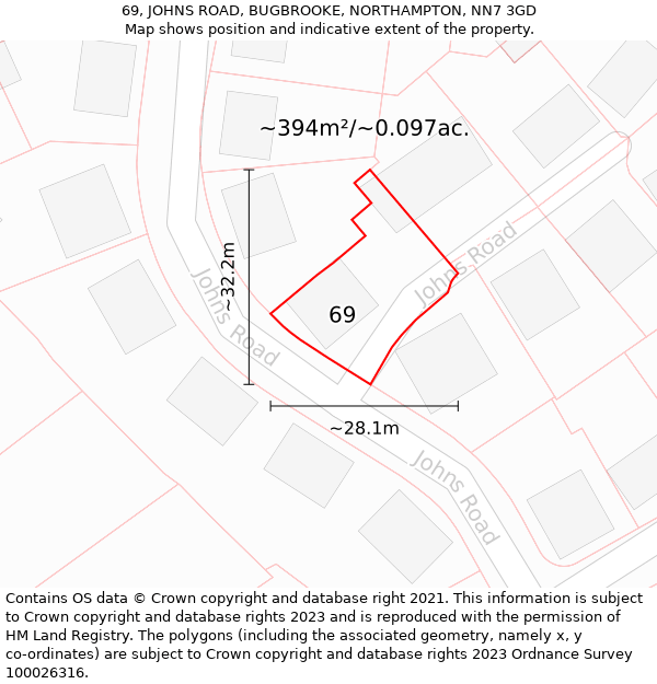 69, JOHNS ROAD, BUGBROOKE, NORTHAMPTON, NN7 3GD: Plot and title map