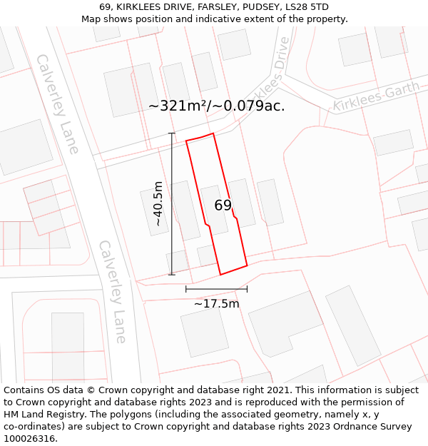 69, KIRKLEES DRIVE, FARSLEY, PUDSEY, LS28 5TD: Plot and title map