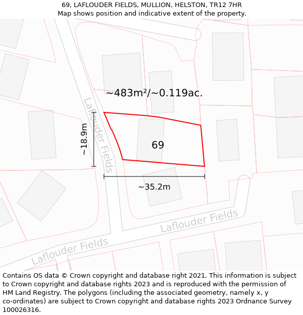 69, LAFLOUDER FIELDS, MULLION, HELSTON, TR12 7HR: Plot and title map