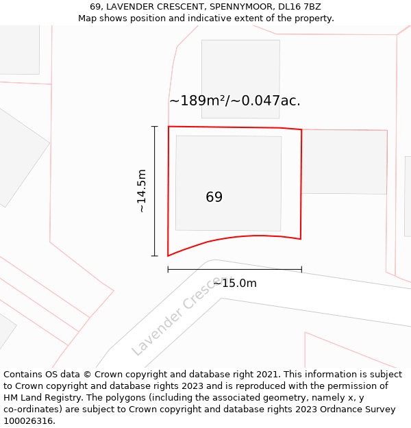 69, LAVENDER CRESCENT, SPENNYMOOR, DL16 7BZ: Plot and title map