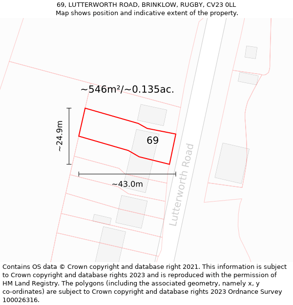 69, LUTTERWORTH ROAD, BRINKLOW, RUGBY, CV23 0LL: Plot and title map