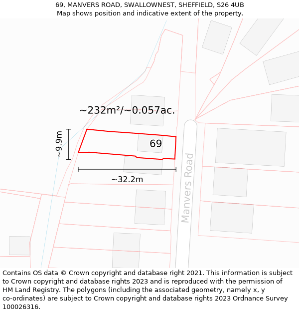 69, MANVERS ROAD, SWALLOWNEST, SHEFFIELD, S26 4UB: Plot and title map