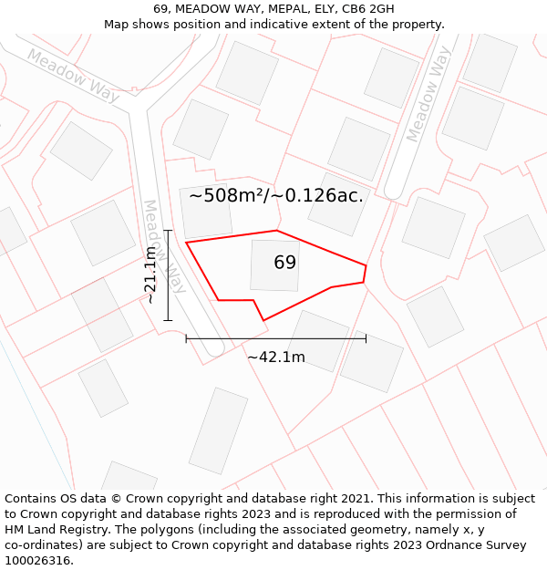 69, MEADOW WAY, MEPAL, ELY, CB6 2GH: Plot and title map