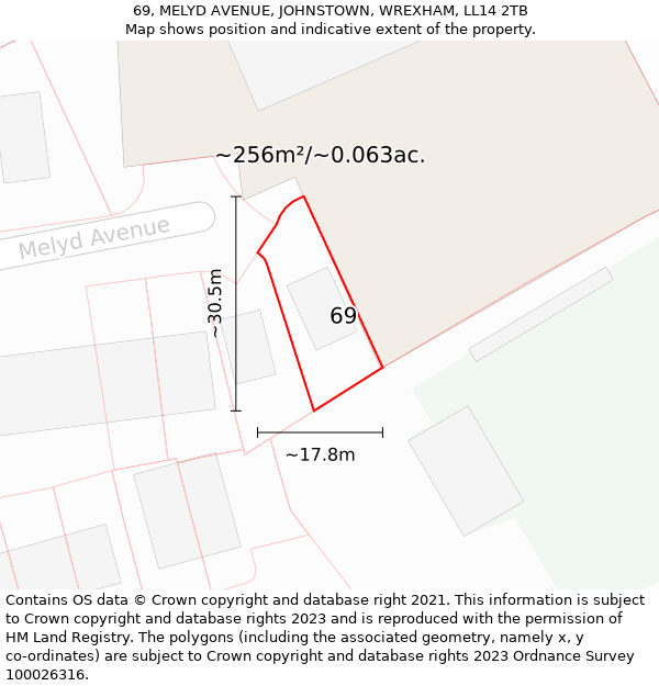 69, MELYD AVENUE, JOHNSTOWN, WREXHAM, LL14 2TB: Plot and title map