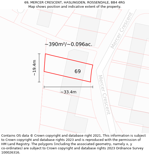 69, MERCER CRESCENT, HASLINGDEN, ROSSENDALE, BB4 4RG: Plot and title map