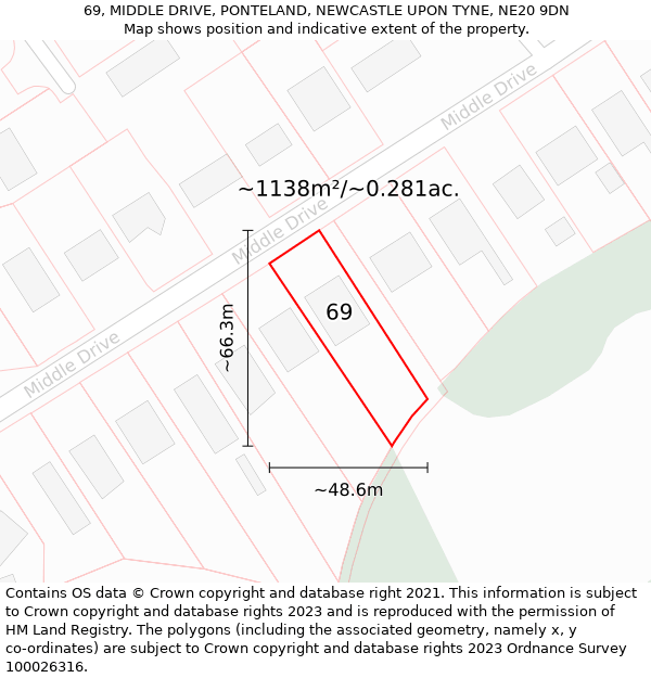 69, MIDDLE DRIVE, PONTELAND, NEWCASTLE UPON TYNE, NE20 9DN: Plot and title map