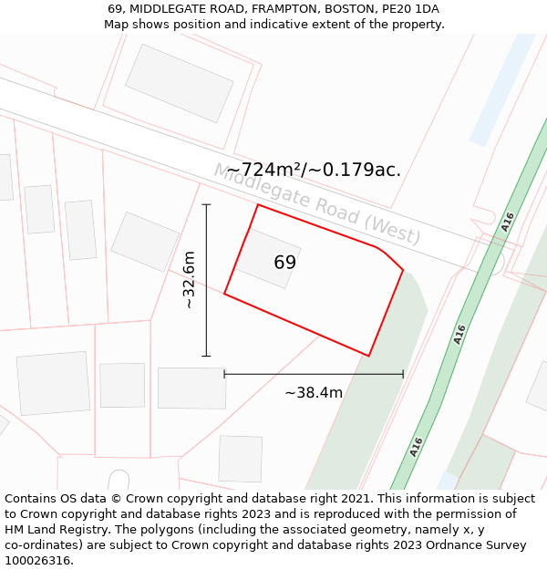 69, MIDDLEGATE ROAD, FRAMPTON, BOSTON, PE20 1DA: Plot and title map