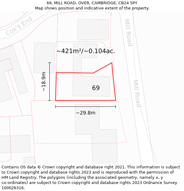 69, MILL ROAD, OVER, CAMBRIDGE, CB24 5PY: Plot and title map