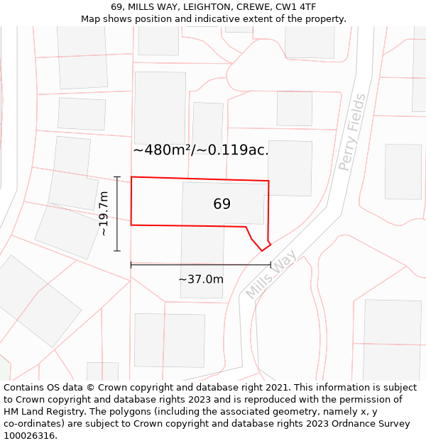 69, MILLS WAY, LEIGHTON, CREWE, CW1 4TF: Plot and title map