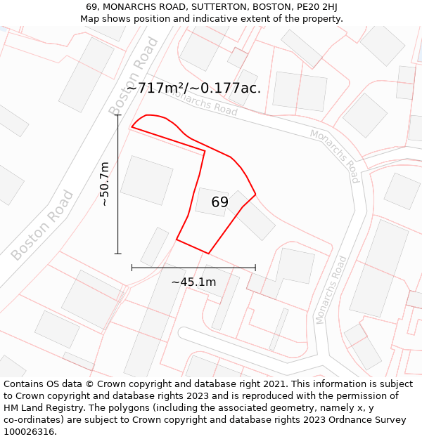 69, MONARCHS ROAD, SUTTERTON, BOSTON, PE20 2HJ: Plot and title map