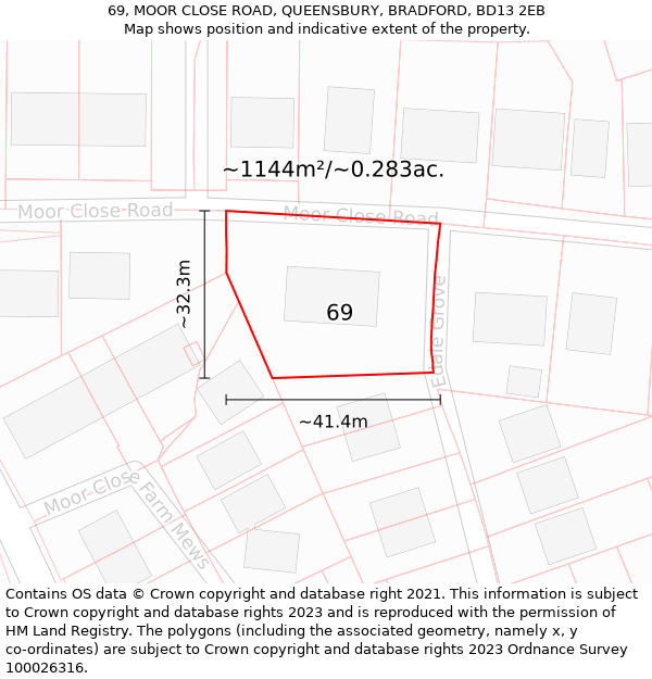 69, MOOR CLOSE ROAD, QUEENSBURY, BRADFORD, BD13 2EB: Plot and title map