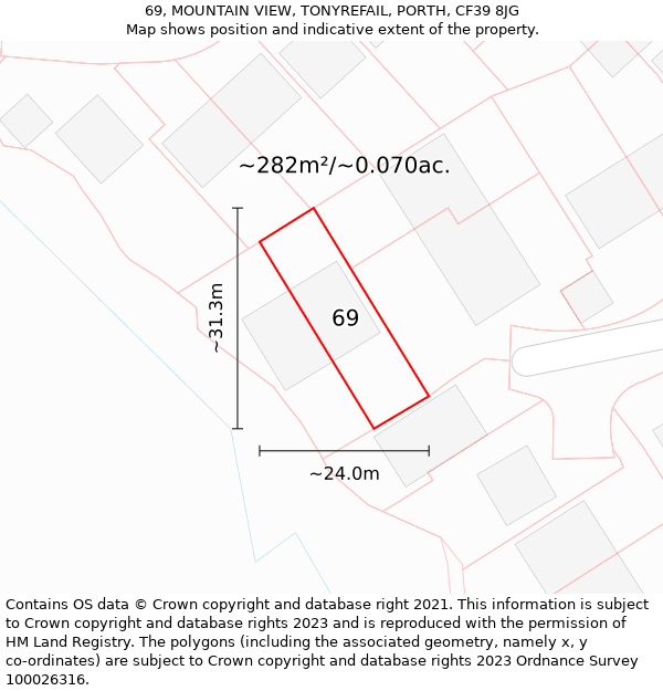 69, MOUNTAIN VIEW, TONYREFAIL, PORTH, CF39 8JG: Plot and title map