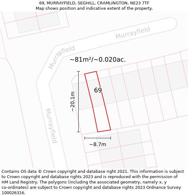 69, MURRAYFIELD, SEGHILL, CRAMLINGTON, NE23 7TF: Plot and title map