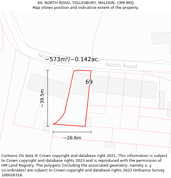 69, NORTH ROAD, TOLLESBURY, MALDON, CM9 8RQ: Plot and title map