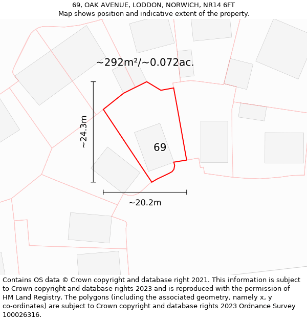 69, OAK AVENUE, LODDON, NORWICH, NR14 6FT: Plot and title map