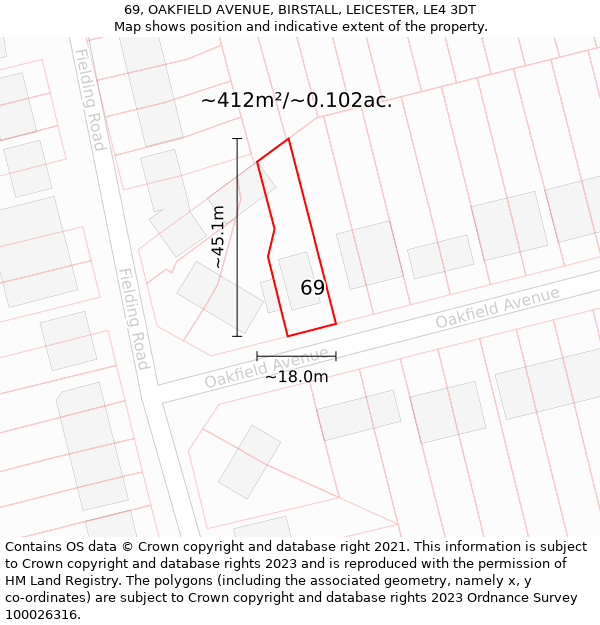 69, OAKFIELD AVENUE, BIRSTALL, LEICESTER, LE4 3DT: Plot and title map