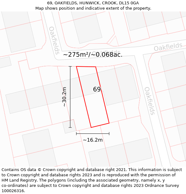 69, OAKFIELDS, HUNWICK, CROOK, DL15 0GA: Plot and title map