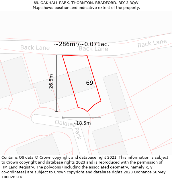 69, OAKHALL PARK, THORNTON, BRADFORD, BD13 3QW: Plot and title map