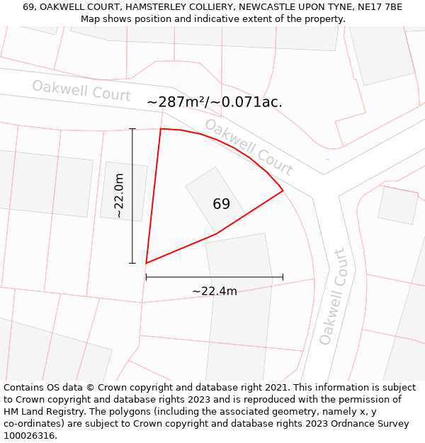 69, OAKWELL COURT, HAMSTERLEY COLLIERY, NEWCASTLE UPON TYNE, NE17 7BE: Plot and title map