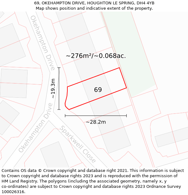 69, OKEHAMPTON DRIVE, HOUGHTON LE SPRING, DH4 4YB: Plot and title map