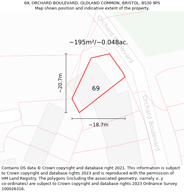 69, ORCHARD BOULEVARD, OLDLAND COMMON, BRISTOL, BS30 9PS: Plot and title map