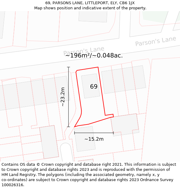 69, PARSONS LANE, LITTLEPORT, ELY, CB6 1JX: Plot and title map