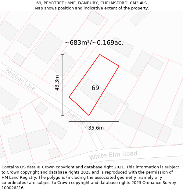 69, PEARTREE LANE, DANBURY, CHELMSFORD, CM3 4LS: Plot and title map