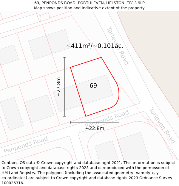 69, PENPONDS ROAD, PORTHLEVEN, HELSTON, TR13 9LP: Plot and title map