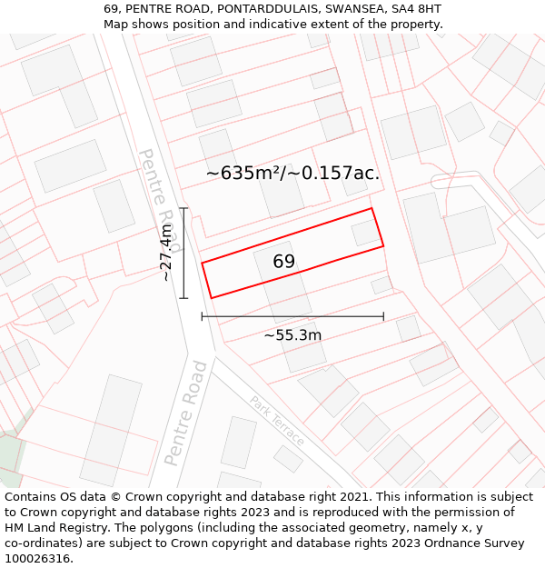 69, PENTRE ROAD, PONTARDDULAIS, SWANSEA, SA4 8HT: Plot and title map