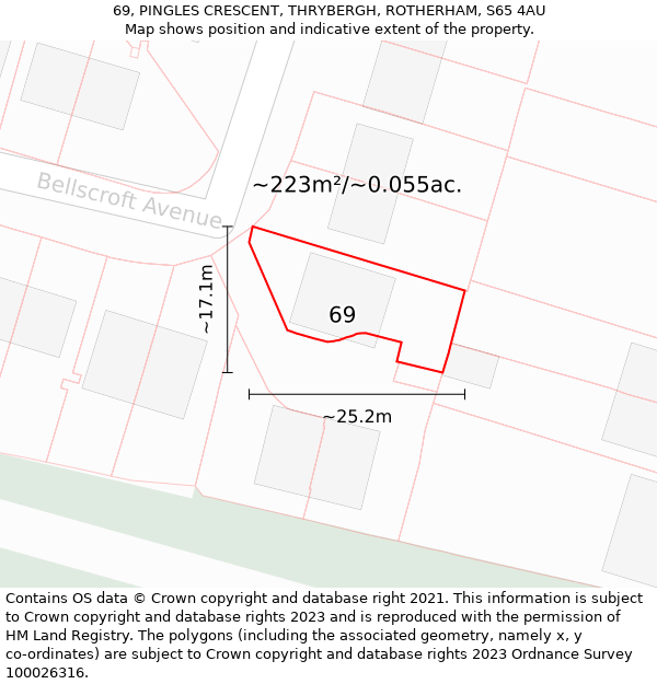 69, PINGLES CRESCENT, THRYBERGH, ROTHERHAM, S65 4AU: Plot and title map