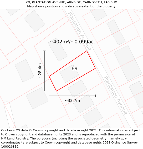 69, PLANTATION AVENUE, ARNSIDE, CARNFORTH, LA5 0HX: Plot and title map