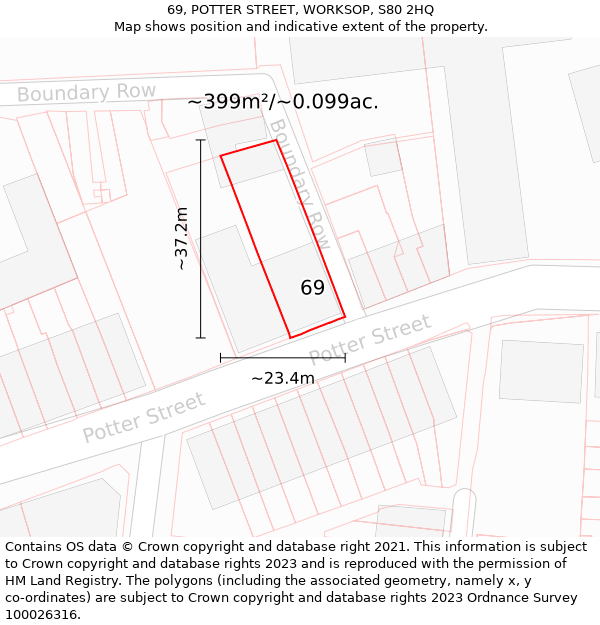 69, POTTER STREET, WORKSOP, S80 2HQ: Plot and title map