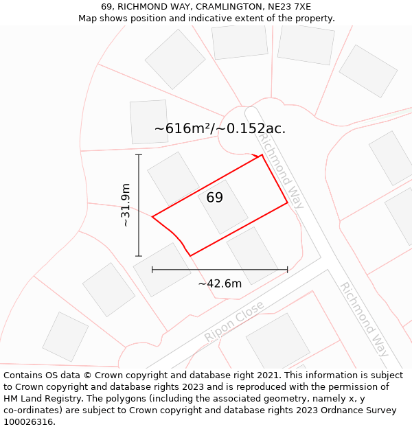 69, RICHMOND WAY, CRAMLINGTON, NE23 7XE: Plot and title map